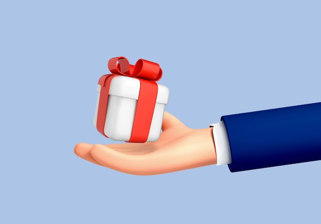 Cartoon hand holding gift box with ribbon isolated on blue background Vector 3d illustration13