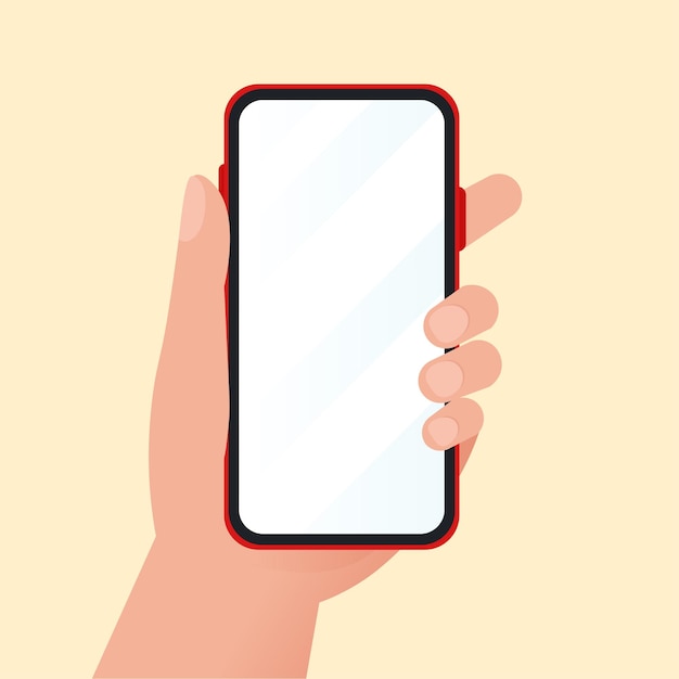 Cartoon hand holding mobile phone for mockup design on light yellow background