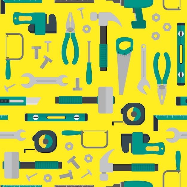 Cartoon Hand Tools Background Pattern on a Yellow Flat Style Design Equipment Element for Repair and Home Work Vector illustration