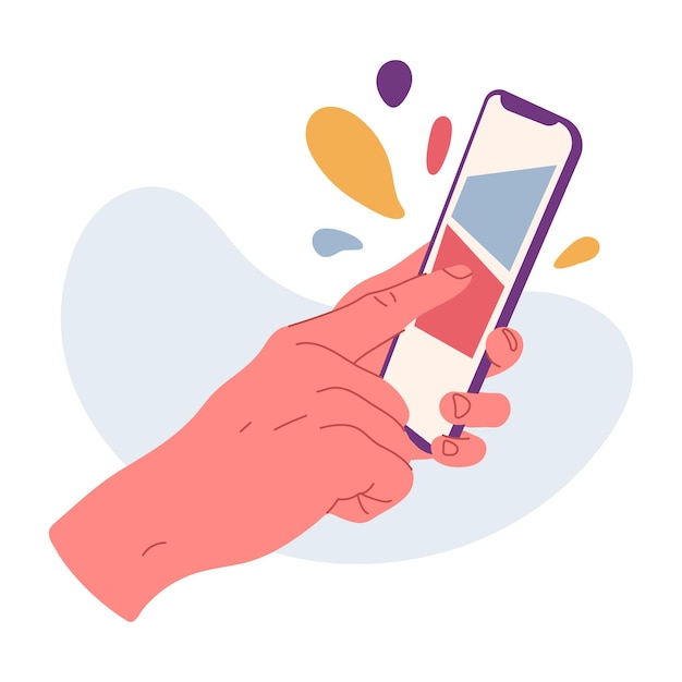 Cartoon hand using smartphone cellphone screen scrolling flat vector illustration