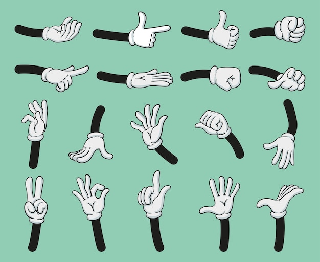 Cartoon hands gestures comic book character body parts vector illustration set