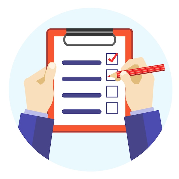 Cartoon Hands Holding Red Pen and Checklist Flat Design Style