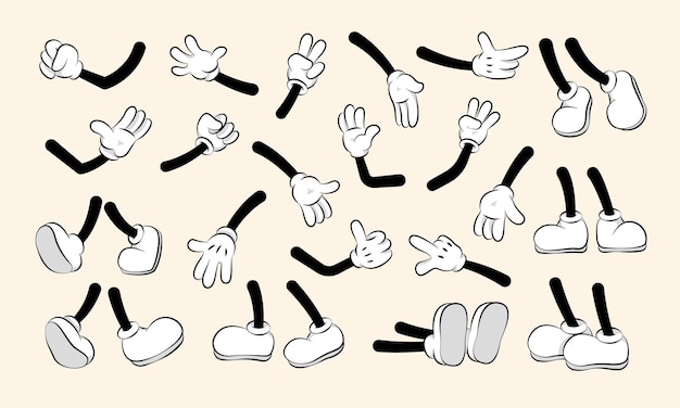 Cartoon hands and legs collection Cute retro animation white feet and gloves characters body parts abstract simple funny drawn person gestures Vector comic set