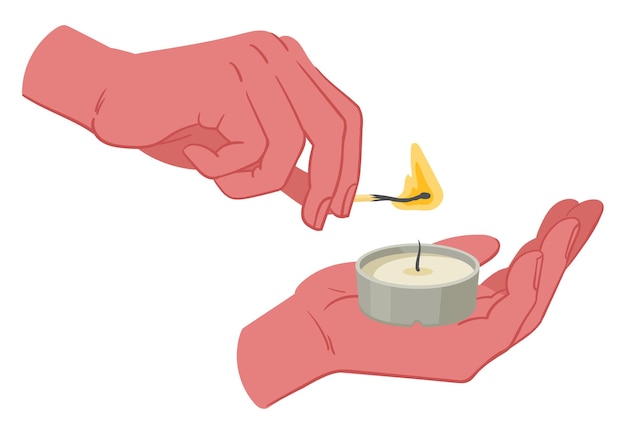 Cartoon hands light candle scented wax candle flat vector illustration on white background