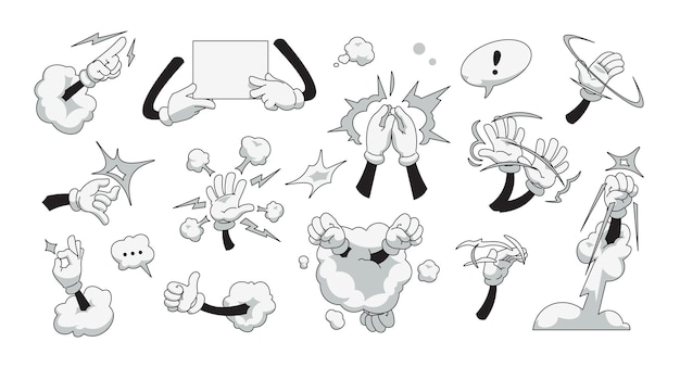 Cartoon hands. White gloves with comic action effects as claps, finger click, showing strength and hand wave. Vector illustration set of doodle sketch cartoons arms