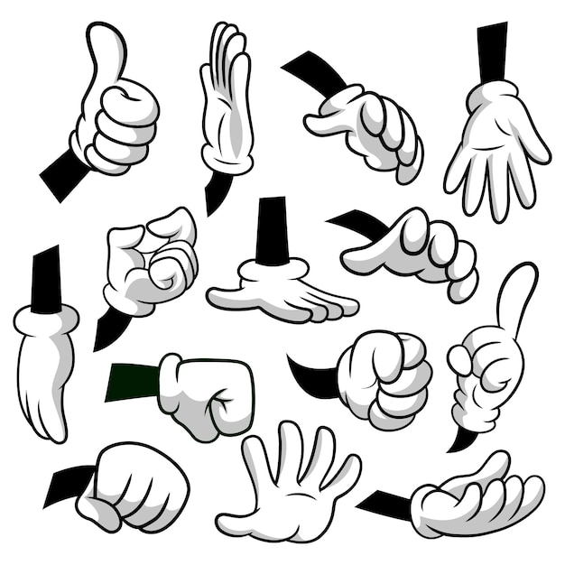 Cartoon hands with gloves icon set isolated on white background. Vector clipart - parts of body, arms in white gloves. Hand gesture collection. Design templates, EPS8 illustration.