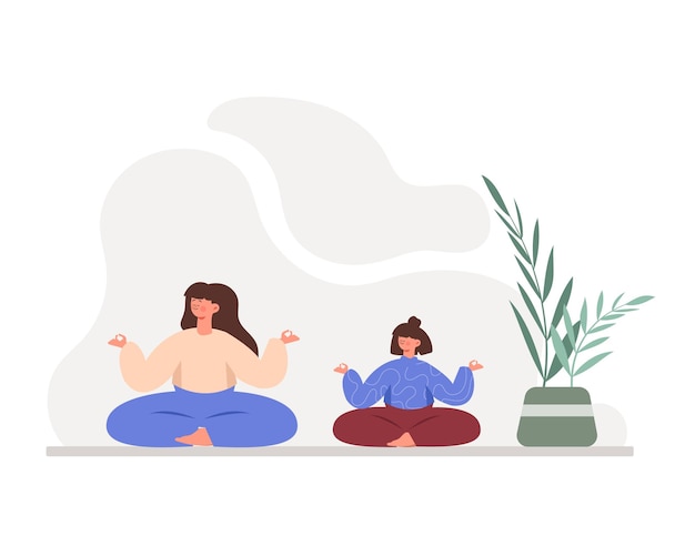 Cartoon handsome girls meditate in lotus position on mat Characters doing morning exercises Healthy and active lifestyle Regular physical activity Vector