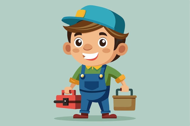 A cartoon handyman happily holds a toolbox and bucket ready to tackle home repairs a cartoon character handyman with toolbox