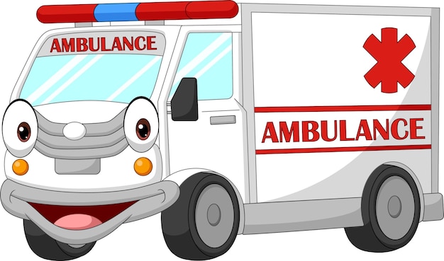 Cartoon happy ambulance car on white background