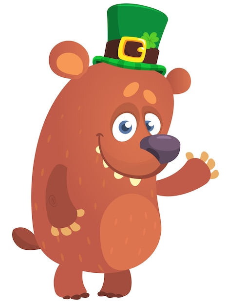 Cartoon happy bear wearing st patrick's hat with a clover