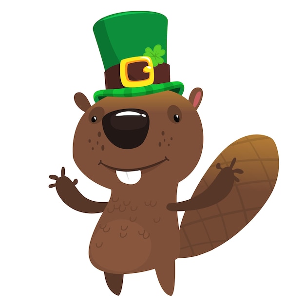 Cartoon happy beaver wearing st patrick's hat with a clover Vector illustration for Saint Patrick's Day Party poster design