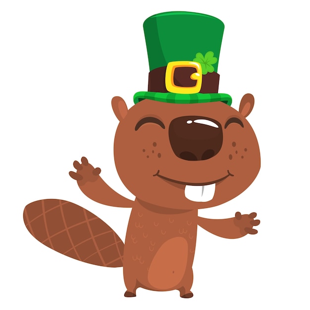 Cartoon happy beaver wearing st patrick's hat with a clover Vector illustration for Saint Patrick's Day Party poster design