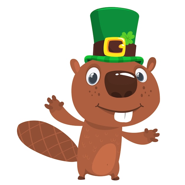 Cartoon happy beaver wearing st patrick's hat with a clover