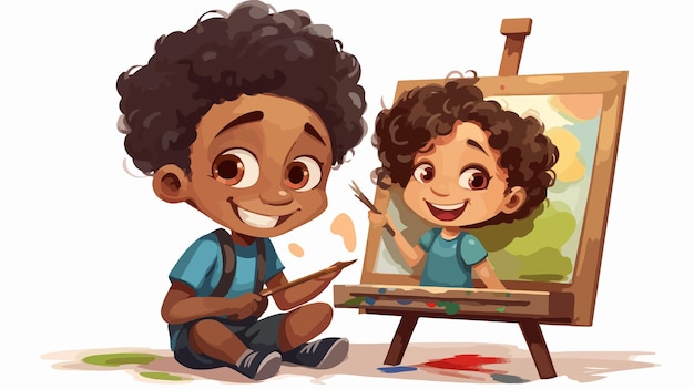 Vector cartoon happy black boy and girl having fun painting