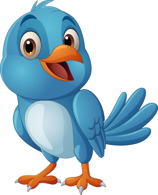 Vector cartoon happy blue bird standing against white background