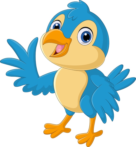 Cartoon happy blue bird waving hand