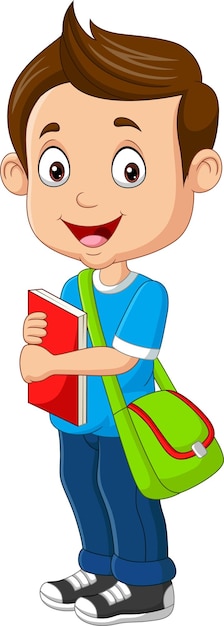 Cartoon happy boy with book and backpack