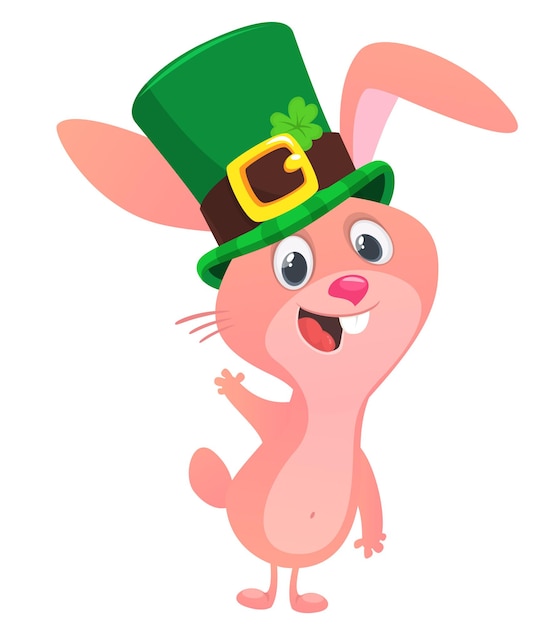 Cartoon happy bunny rabbit character wearing st patrick's hat with a clover Vector illustration for Saint Patrick's Day