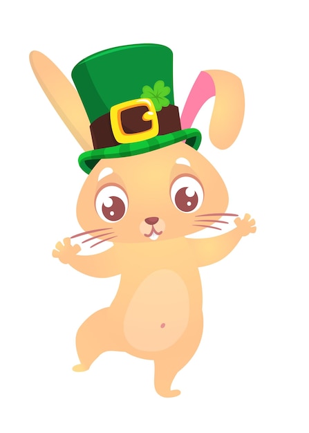 Cartoon happy bunny rabbit character wearing st patrick's hat with a clover Vector illustration for Saint Patrick's Day