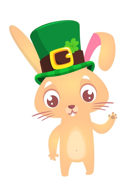 Cartoon happy bunny rabbit character wearing st patrick's hat with a clover Vector illustration for Saint Patrick's Day