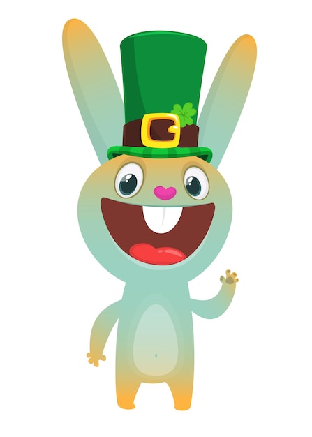 Cartoon happy bunny rabbit character wearing st patrick's hat with a clover Vector illustration for Saint Patrick's Day