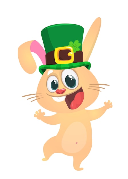 Cartoon happy bunny rabbit character wearing st patrick's hat with a clover Vector illustration for Saint Patrick's Day