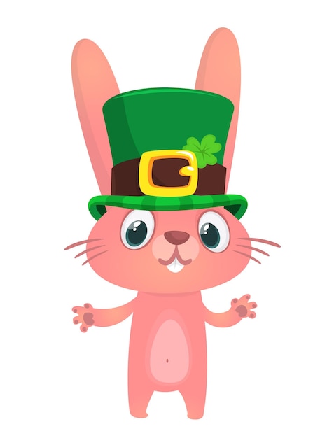 Cartoon happy bunny rabbit character wearing st patrick's hat with a clover Vector illustration for Saint Patrick's Day