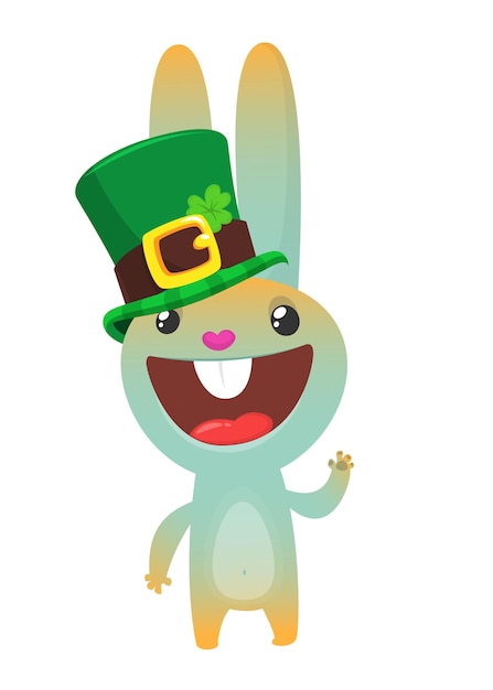 Cartoon happy bunny rabbit character wearing st patrick's hat with a clover