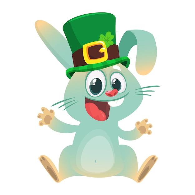 Cartoon happy bunny rabbit character wearing st patrick's hat with a clover