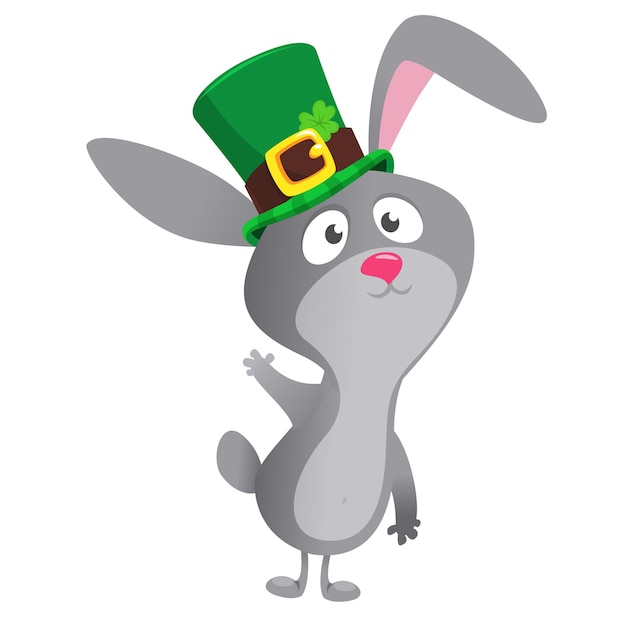 Cartoon happy bunny rabbit character wearing st patrick's hat with a clover