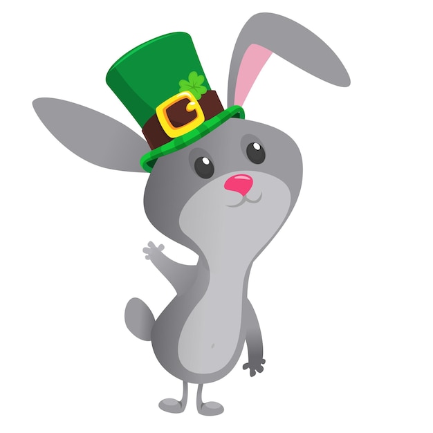 Vector cartoon happy bunny rabbit character wearing st patrick's hat with a clover