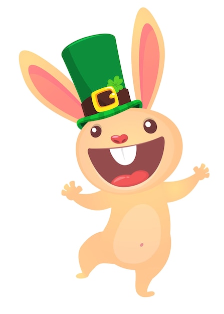 Cartoon happy bunny rabbit character wearing st patrick's hat with a clover