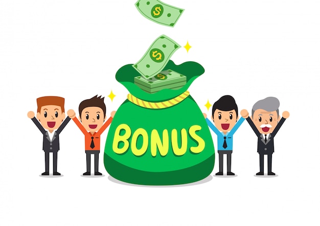 Cartoon happy business people with big bonus money bag