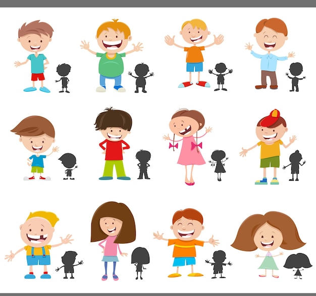 Cartoon happy children characters with silhouettes set