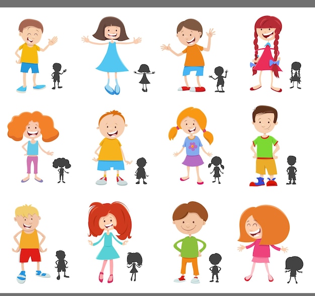 Cartoon happy children characters with silhouettes set