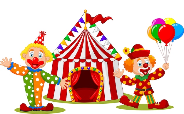 Vector cartoon happy clown in front of circus tent 