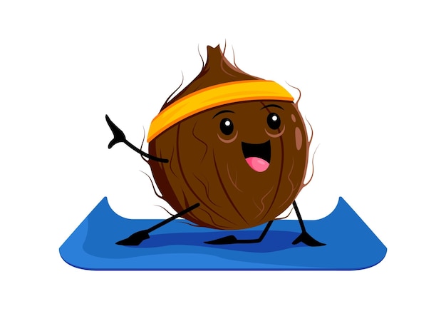 Cartoon happy coconut character on yoga or fitness