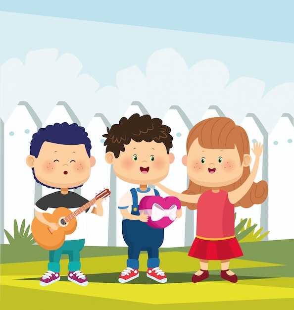 Cartoon happy couple and boy singing and playing guitar over white fence