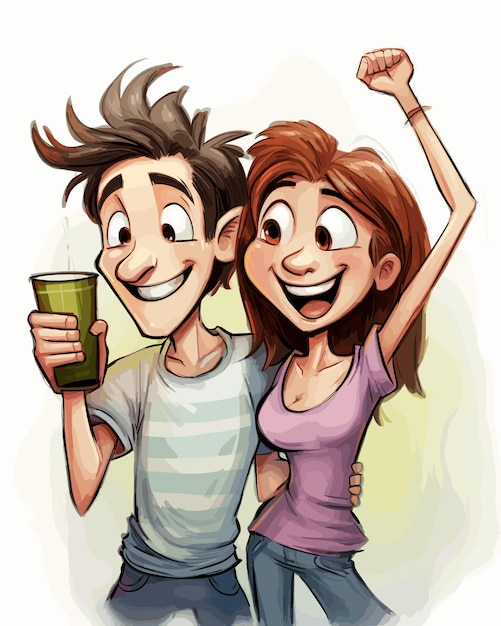 a cartoon happy couple drinking beer