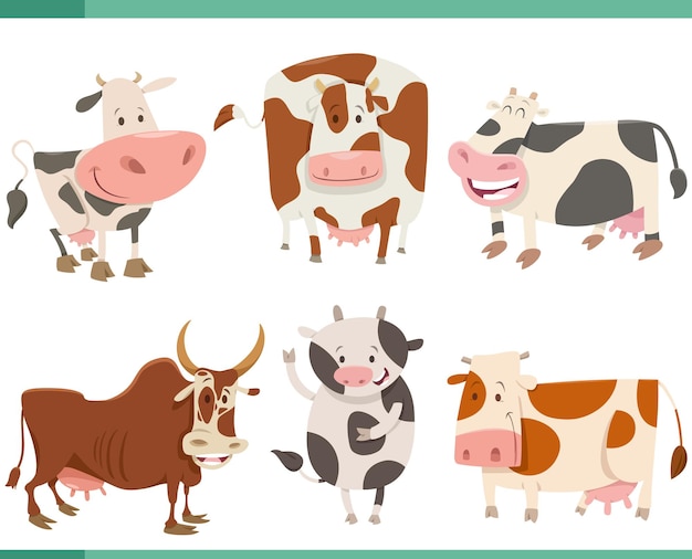 Cartoon happy cows farm animal characters set