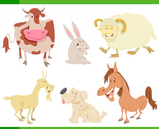 Cartoon happy farm animal characters set