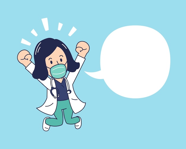 Cartoon happy female doctor wearing protective mask and speech bubble for design.