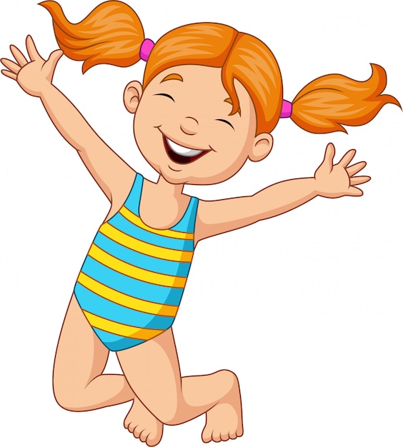 Cartoon happy girl in a swimsuit 