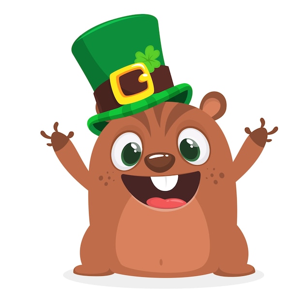 Cartoon happy groundhog or chipmunk character wearing st patrick's hat with a clover Vector illustration for Saint Patrick's Day Party poster design