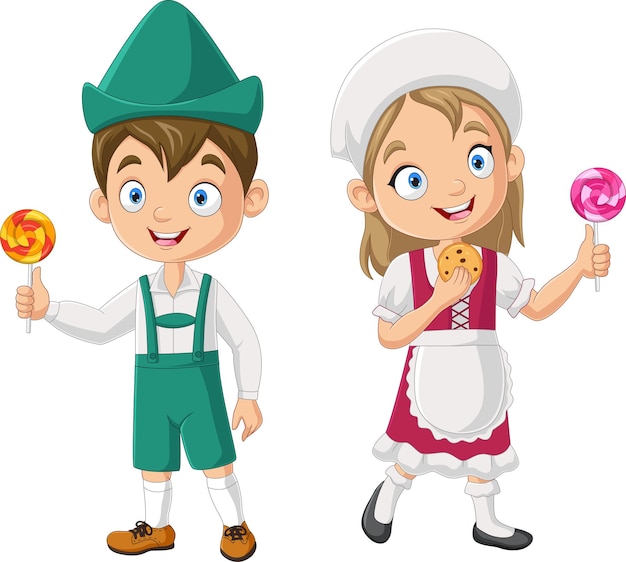 Cartoon happy hansel and gretel holding lollipops