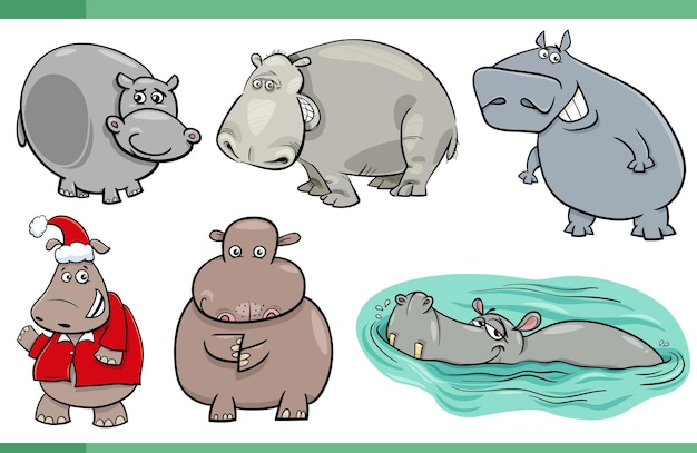 Cartoon happy hippos comic animal characters set