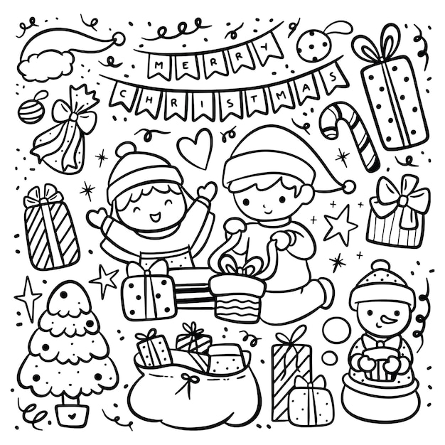 Cartoon Happy Kids Open Christmas Gift, Doodle Christmas Elements