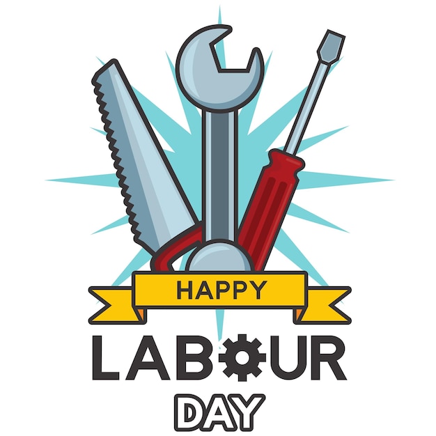 A cartoon of a happy labor day with tools and a ribbon