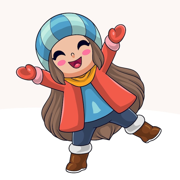 Cartoon happy little girl in winter clothes