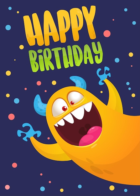 Vector cartoon happy monsters set with different face expressions birthday party invitation card or poster design vector illustration